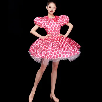 Yetişkin Kadın Modern Dans Elbise Açılış dans kostümü Nokta Kabarcık Mini Elbise Kadın Dansçı Takım Performans Sahne Giyim Pembe Mavi