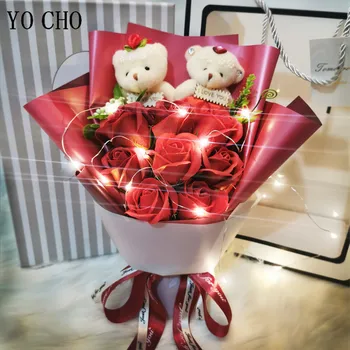 YO CHO yapay çiçek Sabun Gül Ayılar Çiçek DIY led ışık Hediye Kutusu Noel sevgililer Günü Hediyesi Ev Dekor Düğün