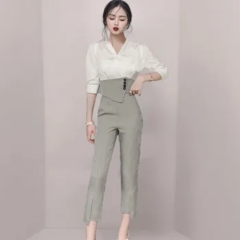 Yüksek Kalite 2021 Bahar Kadın 2 Parça Set Zarif Ofis Bayan Kıyafetler Hit Renk Bluz ve OL Ekose pantolon Moda Setleri