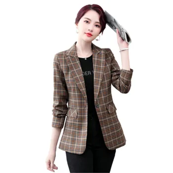 Zarif Bayanlar Ekose Blazer Kadın Giyim 2022 Yeni Kore Bahar Sonbahar Ceket Tek Düğme Kadın Blazer Ceketler Giyim 3XL
