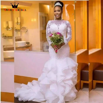 Zarif Uzun Kollu Düğme Geri Ruffles Katmanlı Mermaid düğün elbisesi 2023 O-boyun Kat Uzunlukta Evlilik gelinlik Kadın ZQ22
