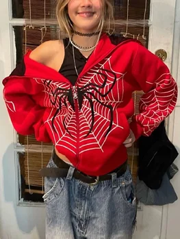 Örümcek Web Kırmızı Kapüşonlu Sweatshirt Fermuar y2k Giyim kadın Hip Hop Kazak Kış Sıcak Harajuku Punk Rock Siyah Hoodie Eğlenceli