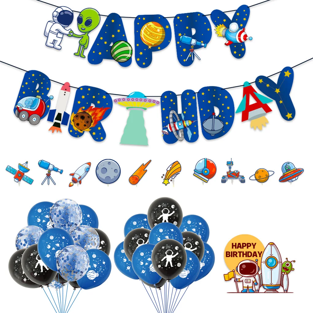 Doğum günü Afiş Balon Seti Ev Uzay Tema Balon Dekorasyon Kiti Kek Toppers ve Şerit 0
