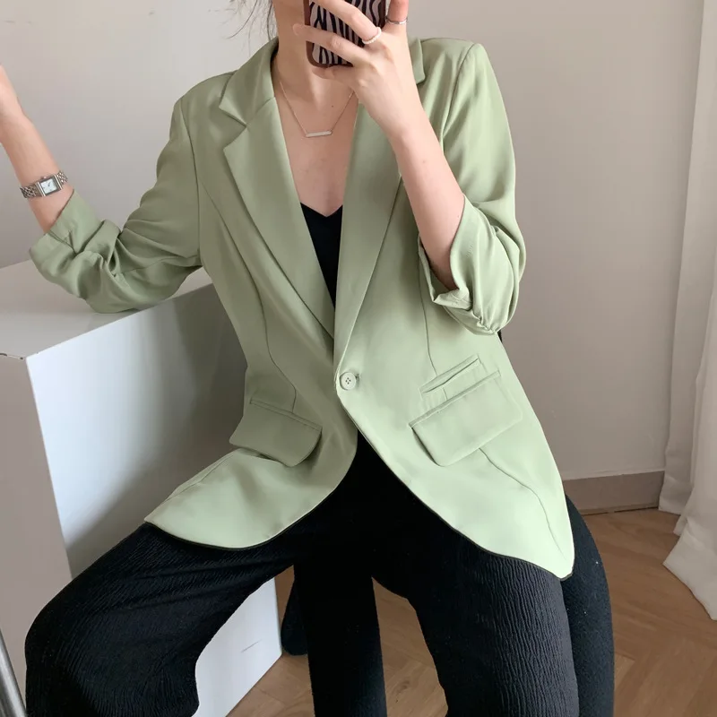Yaz 2023 Vintage Kadınlar 3/4 Kollu Yeşil İnce Şifon Blazers Kore Gevşek Casual Yaka Uzun Kollu Ofis Takım Elbise Ceket Kadın 0