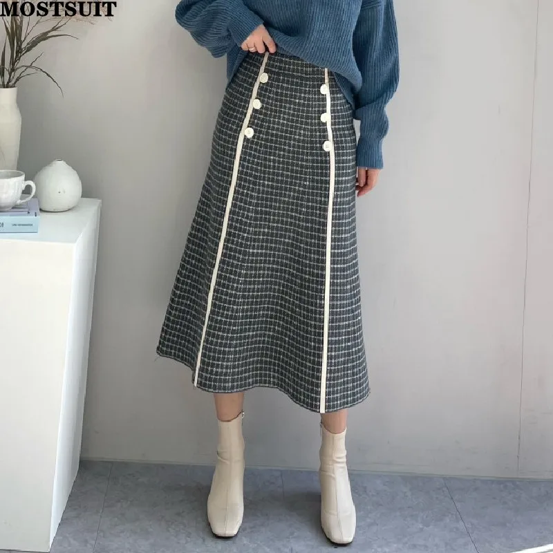 Yüksek Belli Örme Etekler Kadın Kore Vintage Kalınlaşmak Kruvaze Zarif Moda A-line Pilili Uzun Etek Mujer 2022 0