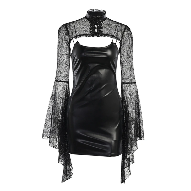Gotik Siyah Dantel Vintage Flared Kollu Kırpma Üst ve siyah suni deri Kolsuz Mini Bodycon Elbise Clubwear Kadınlar için 1