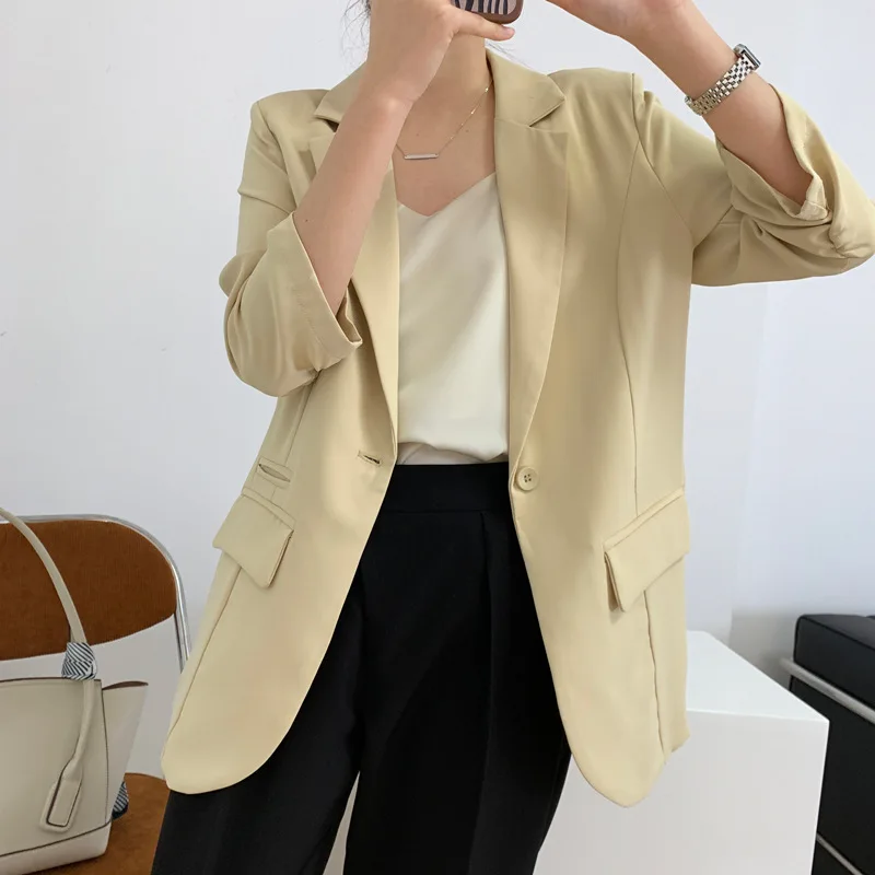 Yaz 2023 Vintage Kadınlar 3/4 Kollu Yeşil İnce Şifon Blazers Kore Gevşek Casual Yaka Uzun Kollu Ofis Takım Elbise Ceket Kadın 1