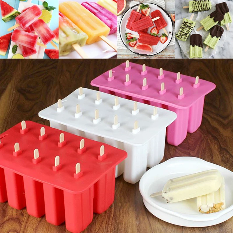 DIY 10 Hücre Dondurulmuş Lolly Suyu Makinesi Dondurma Pop Kalıp Popsicle Yoğurt Buz Kutusu 3 Renkler 2