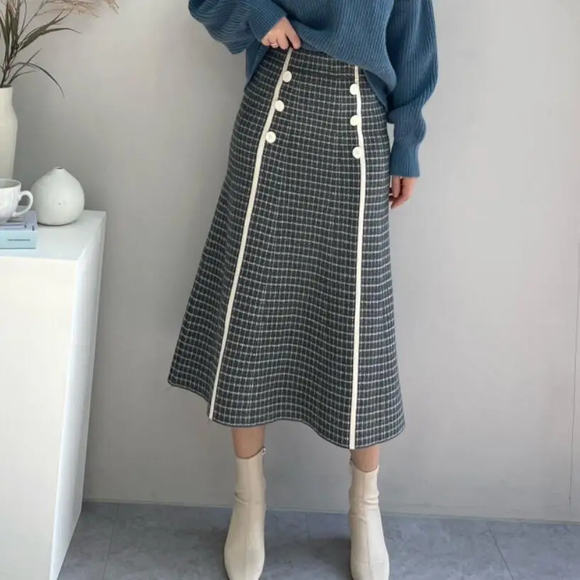 Yüksek Belli Örme Etekler Kadın Kore Vintage Kalınlaşmak Kruvaze Zarif Moda A-line Pilili Uzun Etek Mujer 2022 3