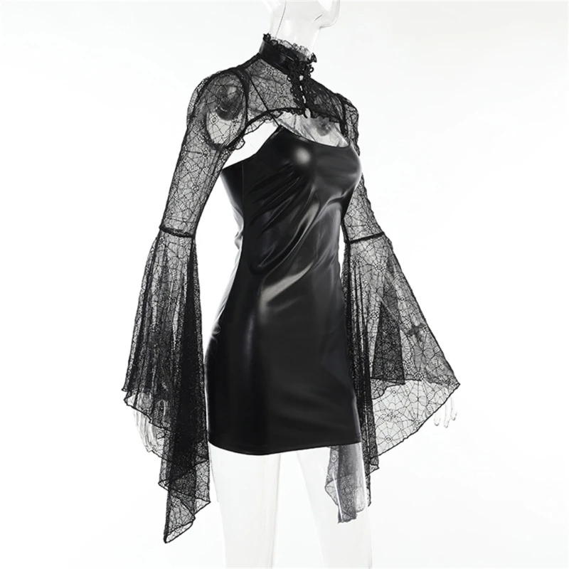 Gotik Siyah Dantel Vintage Flared Kollu Kırpma Üst ve siyah suni deri Kolsuz Mini Bodycon Elbise Clubwear Kadınlar için 4
