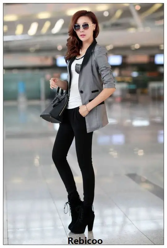 XXXL Yeni moda ilkbahar yaz kadın giyim ince uzun blazer siyah gri Ofis Bayan ceket 4