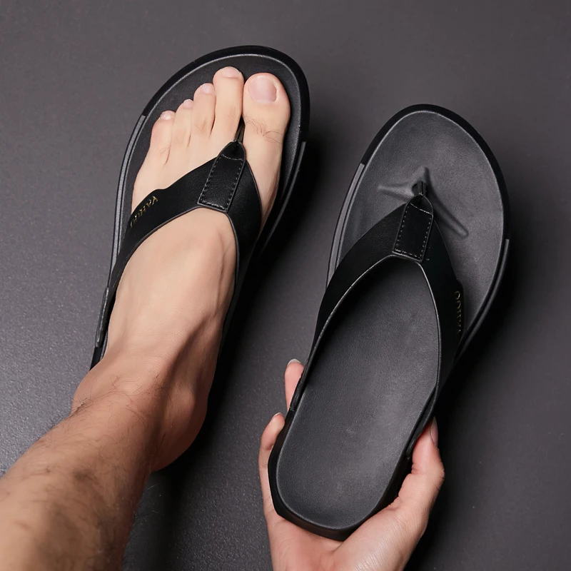 2022 Yaz Erkek Flip Flop Moda plaj terliği PU deri rahat ayakkabılar Flip-flop Açık Daireler Nefes Sandalet Boyutu 38-45 5