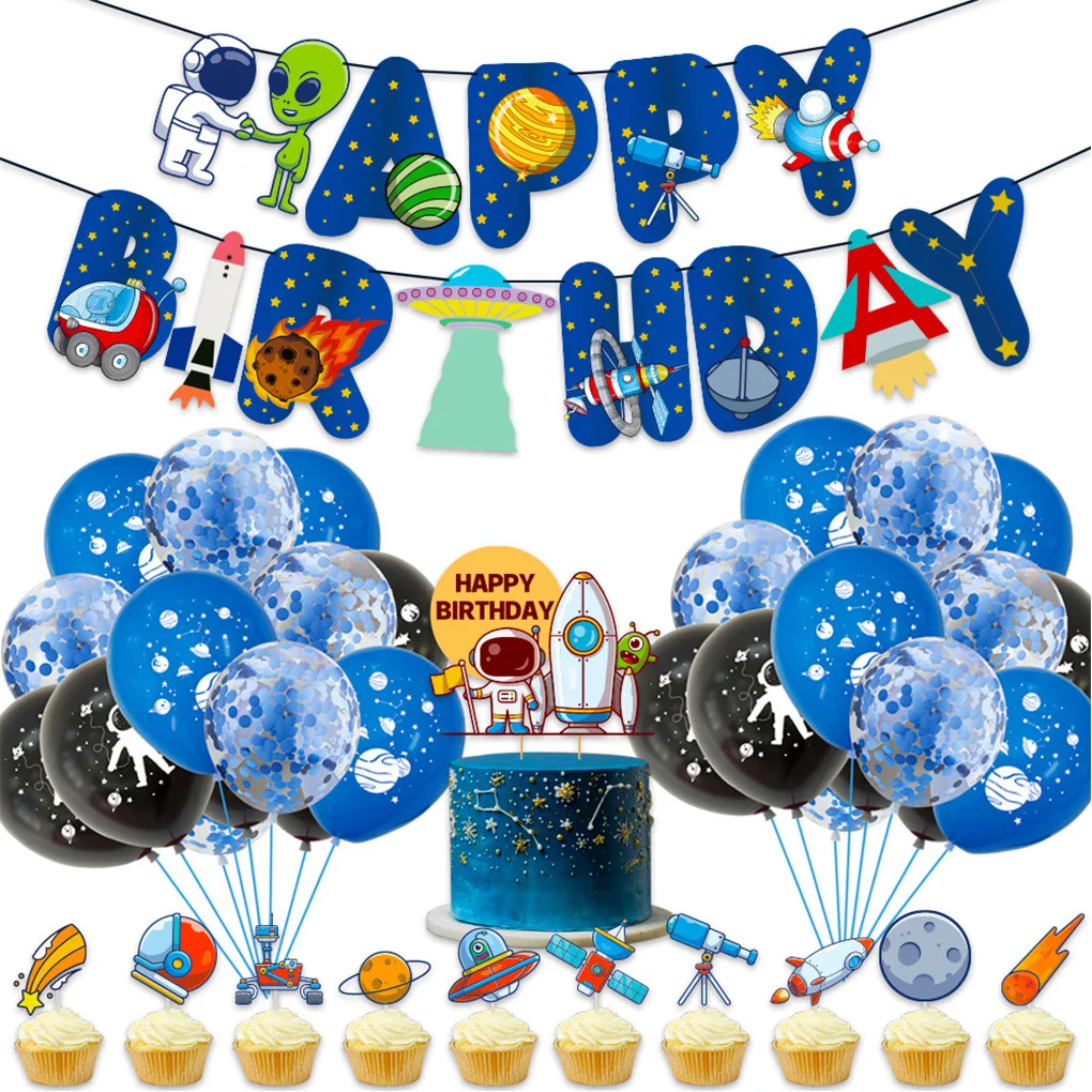 Doğum günü Afiş Balon Seti Ev Uzay Tema Balon Dekorasyon Kiti Kek Toppers ve Şerit 5