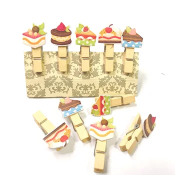 10 adet Mini Doğal Ahşap Kek Fotoğraf Klipleri Noel Tatlı Klipleri Clothespin Craft Dekorasyon Klipler Pegs