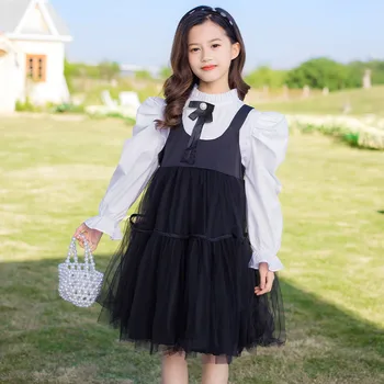 2 adet Genç Kız Giyim Ruffles Yaka Beyaz Puf Kollu Gömlek+Siyah Sling Dantel Yelek Elbise Çocuk Seti 12 13 14 15 16 Yıl