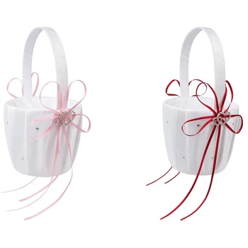 2 Adet Çift Kalp Düğün Çiçek Kız Basket Beyaz Saten Rhinestone Dekor Düğün Favor, pembe ve Kırmızı