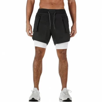 2 in 1 Koşu Şort Erkekler Gym Fitness Çift katmanlı Hızlı Kuru Kısa Pantolon Erkek Basketbol Eğitim Crossfit Dipleri Bermuda Siyah