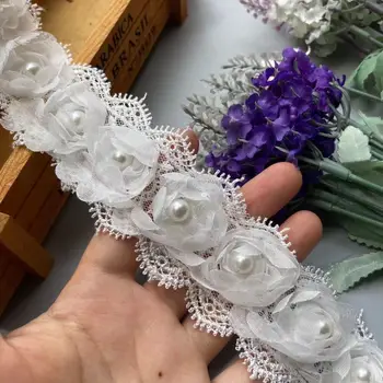 2 Yard Çözünür Beyaz Gül Çiçek İnci Şifon İşlemeli Dantel Trim Şerit Kumaş El Yapımı Vintage düğün elbisesi Dikiş El Sanatları