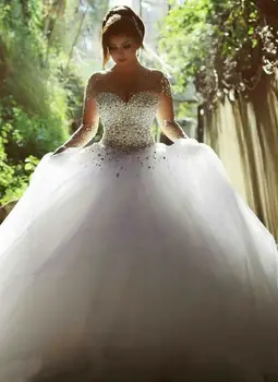 2018 Kollu vestido de noiva Sheer Tam Kollu gelin Balo Kristaller ile seksi Illusion Geri anne elbiseler