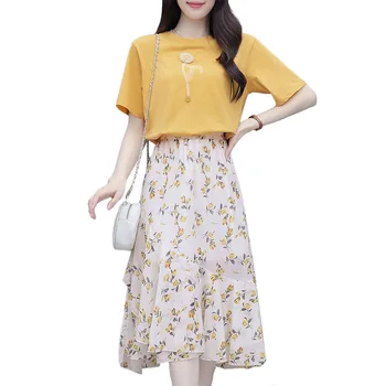 2020 Yaz Takım Elbise Rahat kadın Giyim kısa kollu tişört ve Çiçek Baskılı Etek 2 adet Setleri bayan Zarif Elbise Setleri K88