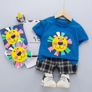 2021 Yaz Yeni 0-5 Yaşında Erkek Bebek Kız çocuk Takım Elbise Aslan Karikatür Baskı Kısa Kollu + Şort İki parçalı Setleri