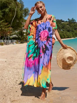 39 renkler Renkli Kaftan Bohemian Baskılı V Yaka Batwing Kollu Sokak Giyim Maxi Elbise Kadınlar Plaj Kıyafeti mayo Cover Up