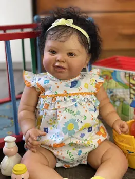 60CM Reborn Bebek Kodi Kız Koyu Kahverengi Deri El Köklü Saç Yüksek Kaliteli Genesis Boyalı Bebek Görünür Damarlar Koleksiyon