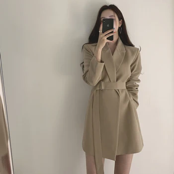 AECU 2021 Kadın Blazers Orta uzunlukta Takım Elbise Sonbahar Şık Ofis Bayan Blazer Çentikli Yaka Cep Korse Bel Tarzı Takım Elbise Üst