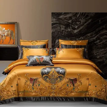Altın / Kırmızı Lüks Saray İpek Brokar Mısır pamuk yatak seti Şık İşlemeli Yorgan yatak çarşaf kılıfı Yatak Örtüsü Yastık Kılıfı