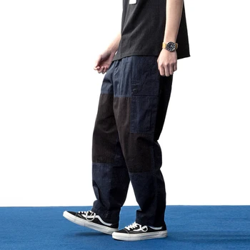 Amerikan Rahat Tarzı 2 renkli Bacak Ekleme düz Pantolon Geniş Bacak Japonya Vintage Gevşek Tulum Erkek Pantolon Donanma pamuklu pantolon