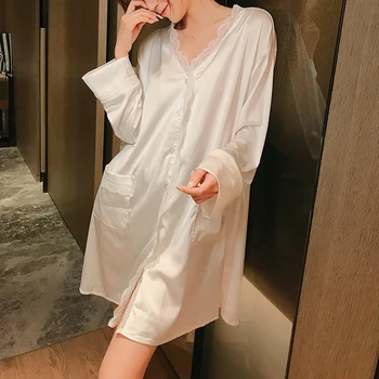 Bahar Uyku Etek Kadın Seksi Gevşek Kıyafeti V Yaka Saten Pijama Uzun Kollu Rahat Gecelik Yaz İnce Ev Soyunma