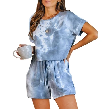 Baskı Cep Kadın Pijama Loungewear Kısa Yaz Bayanlar Pijama Seti Kravat Boya Ev Takım Elbise Mavi S