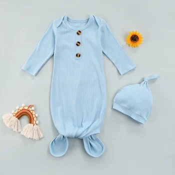 Bebek Nervürlü Düz Renk Uyku Tulumu Uzun Kollu Düğmeli Yuvarlak Yaka Uzun Pantolon Ayak Wrap Çocuklar uyku tulumu