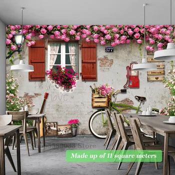 Bisiklet Çiçek Duvar Romantik Cafe Restaurant Duvar Kağıdı Panoramik İletişim Duvar Kağıtları 3D Odası Arka Plan Duvar Dekor Özel Boyut