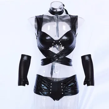 Burlesque Kutup Siyah Seksi Yetişkin Vinil Teddy Lingerie yenilik egzotik Giyim kadın ıslak Bak Iç çamaşırı W427966