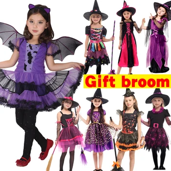 Cadılar bayramı Cosplay Çocuklar Fantezi Fantasia Cadı Kostümleri Süpürge Şapka ile Noel Çocuk Kız Şapkalar Giysi Giyinmek