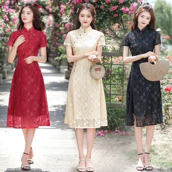 Dantel Orta uzunlukta Aodai Günlük Moda Cheongsam 2022 Yaz Geliştirilmiş Modern Qipao İnce Genç Kızlar Artı Boyutu Çin Elbise kadınlar için