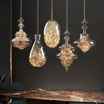 Dekorasyon cam asılı lamba yemek odası mutfak Bar LED yıldız cam avize kolye ev dekor çatı ışıkları fikstür