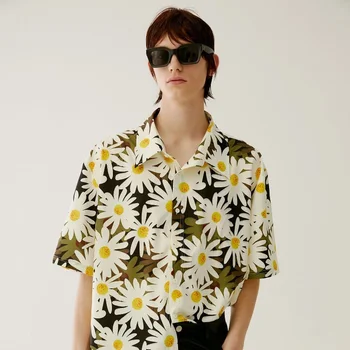 Diriliş El-boyalı Papatya Çiçek Baskı Kısa Kollu Gömlek Erkekler Casual Gömlek Düğmesi Gömlek Kadın Yeni Yaz Kore Moda