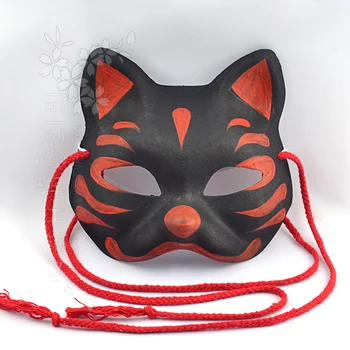 El Boyalı anime Japon Kimono Tilki Kedi Maskeleri cosplay Siyah Kırmızı Japon Tarzı Kırmızı Halat Headdress