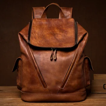Erkek lüks tasarımcı vintage seyahat sırt çantası Yumuşak handmake Sıkıntılı Konyak Deri Sırt Çantası Sırt Çantası Kova Hediyeler için adam çantası
