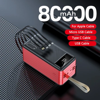 Güç Bankası 80000mAh Powerbank Dahili Kablo USB C Tipi harici Pil Cep Telefonu Şarj Cihazı Xiaomi iPhone İçin 12 11 Poverbank