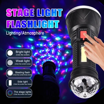 Güçlü el feneri renkli disko ışığı sahne ışığı XPE + COB USB şarj edilebilir açık su geçirmez kamp taktik flaş ışığı