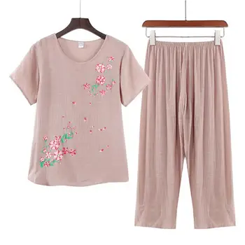 Hızlı Kuru Düz Renk Pantolon Elastik Bel Orta Yaşlı Pijama Seti Kadın Giysileri
