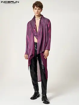 INCERUN Erkek Gömlek Örgü Patchwork V Boyun Uzun Kollu Moda Düzensiz Hırka Streetwear 2022 Parlak Asimetrik Kimono Camisas