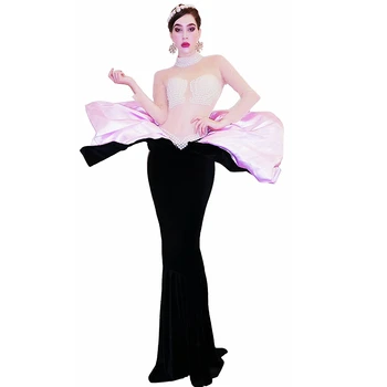 Inci Dekorasyon Kabuk Tarzı Ruffles Elbise Örgü Perspektif Kat Uzunlukta Gece Kulübü Dans Gösterisi Giyim Tiyatro Kostüm Kadınlar İçin