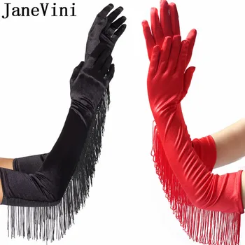 JaneVini Yeni Püskül Saten Düğün Eldiven Gelin Uzun Siyah Beyaz Gelin Eldiven Latin Dans Gösterisi Kırmızı Eldiven Dirsek Tam Parmak
