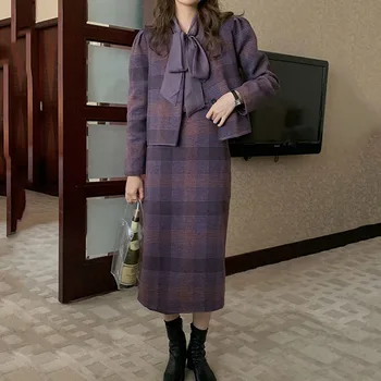 Japon Kış Yeni Yün Takım Elbise Seti Kore Kalın Kapitone Astar Ekose Ceket Kadın Zarif Etek Bayanlar Vintage Klasik 2 parça