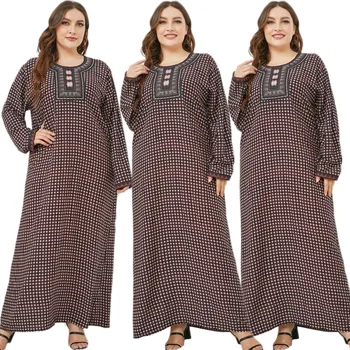 Kadın Baskılı uzun elbise Abaya Müslüman Vintage İslam Maxi Robe elbise Orta Doğu Kaftan Artı Boyutu Gevşek Rahat Nakış Elbise