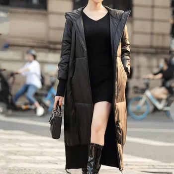Kapüşonlu Aşağı Kat Kadın Gerçek Deri Palto Siyah Koyun Derisi Kat Sıcak Windbreakers Uzun Ceketler Streetwear Rahat Kalın 